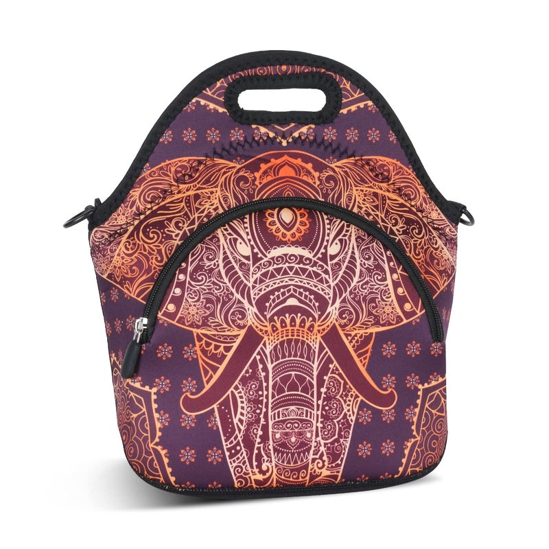 Violet Mist Neoprene Thermal Insulated Lunch Bag Cute Animal Lunch Bag Tote with Extra Pocket Detachable Adjustable Shoulder Lunchbox Food Handbags Picnic Work Gifts for Women men, Retro Elephant 2 - Image 2